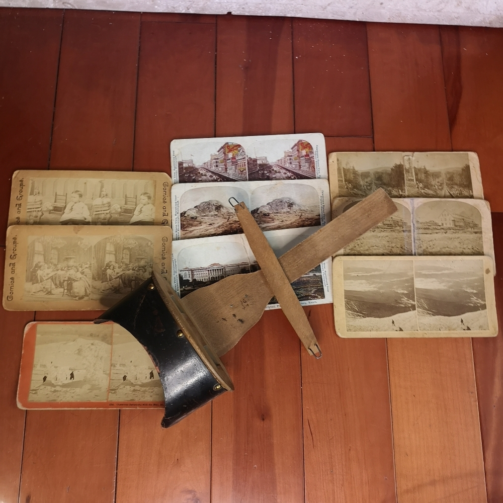 Antique Wooden Stereoscope 3D Viewer And 9 View Cards By Kilburn/ Comics&Groups
